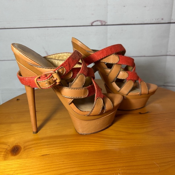 LAMB Gwen Stefani Sandals Size 6 Orange Tan Platform Buckle Y2K Heels Leather - Picture 4 of 12